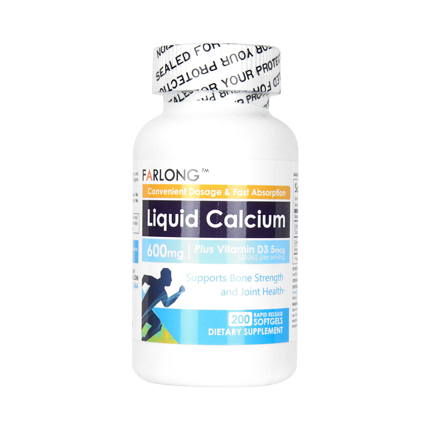 FARLONG Liquid Calcium Plus Vitamin D3 Dietary Supplement 200 Softgels ...
